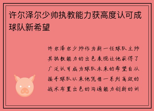 许尔泽尔少帅执教能力获高度认可成球队新希望 许尔泽尔少帅执教能力获高度认可成球队新希望